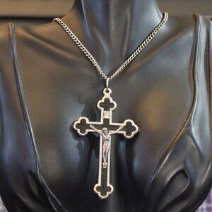 Large Silver Tone Black Enamel Crucifix Cross Pendant Necklace